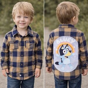 Custom Upcycled BLUEY Flannel Button Down Shirt Size 4T Toddler OOAK Osh Kosh